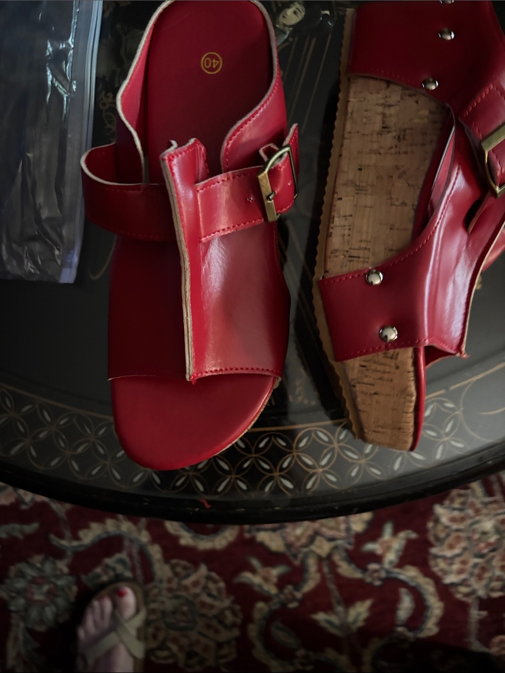 Women's Red Buckle Cork-Style Slide Sandals size 8
